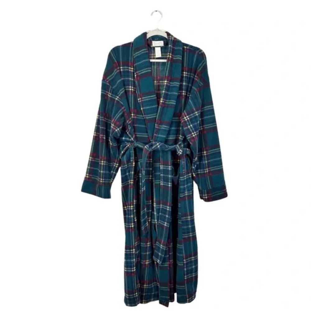 Christian Dior Vintage Flannel Long Robe Green Plaid Belted Waist, One Size
